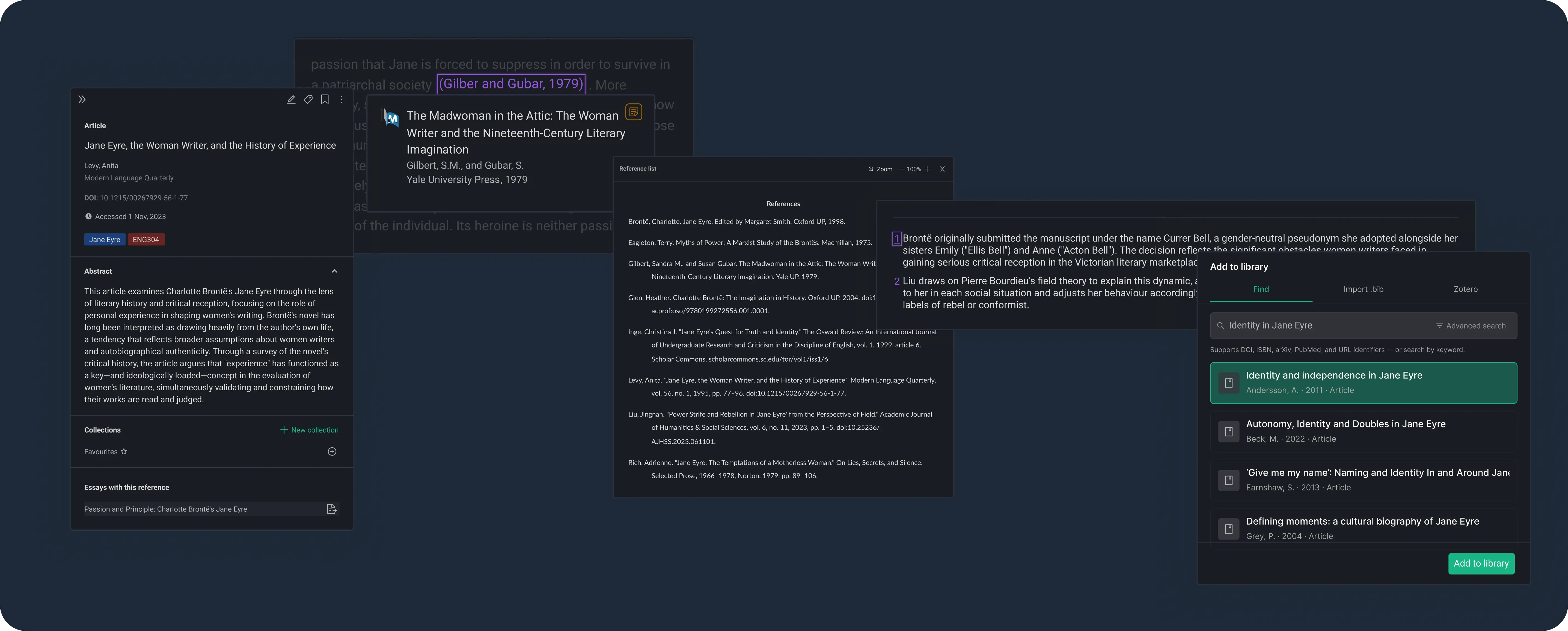Reference manager showing citation cards, collections, and tags